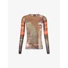 JEAN PAUL GAULTIER JEAN PAUL GAULTIER WOMEN'S BROWN GREEN BLUE RED X SHAYNE OLIVER ABSTRACT-PATTERN MESH TOP