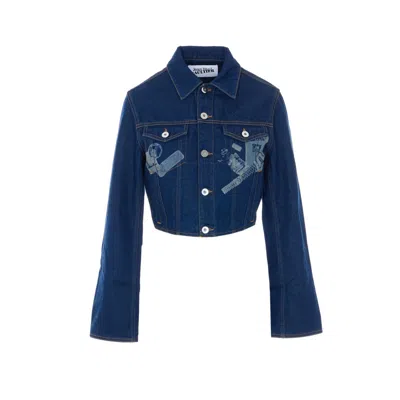 Jean Paul Gaultier Womens Vintage Blue Printed Cropped Denim Jacket