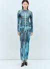 Jean Paul Gaultier Mesh Long Dress With Anatomical Print In Blue