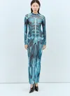 Jean Paul Gaultier Mesh Long Dress With Anatomical Print In Blue