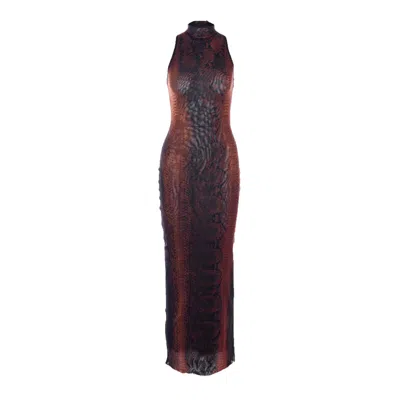 Jean Paul Gaultier Multicolor Snake Print High Neck Polyamide Maxi Dress In Black