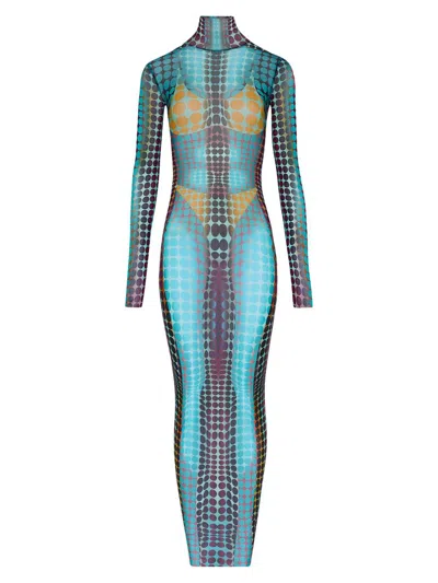 Jean Paul Gaultier High Neck Multicolored Polka Dot Maxi Dress In Blue