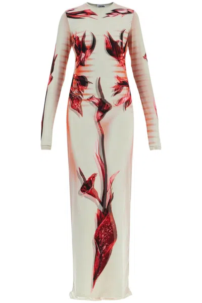 Jean Paul Gaultier Long Dress Flower Body Morphing Pink Floral Slim In White