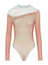 Jean Paul Gaultier Double Layer Pinstripe Body Morphing Bodysuit Mint And Coral In Pink
