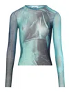 Jean Paul Gaultier Crew Neck Sheer Abstract Print Top In Blue