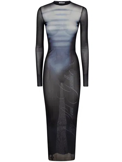 JEAN PAUL GAULTIER JEAN PAUL GAULTIER WOMEN MESH CREW NECK LONG DRESS PRINTED "LE MÂLE"