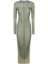 Jean Paul Gaultier Women Mesh Long Dress Printed "spiral" With Gathers In Green