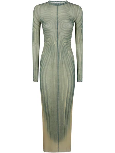 JEAN PAUL GAULTIER JEAN PAUL GAULTIER WOMEN MESH LONG DRESS PRINTED "SPIRAL" WITH GATHERS