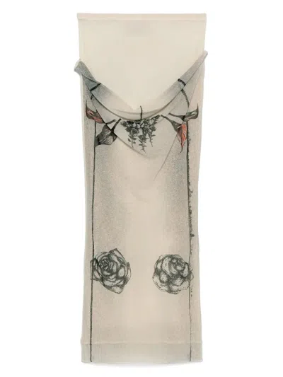 Jean Paul Gaultier Women Mesh Skirt Double Layer Printed "tattoo Rose & Bird" In Multicolor
