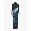 Jean Paul Gaultier Turtleneck Mesh Long Dress Printed "pigalle" In Navy/l Blue/white/black