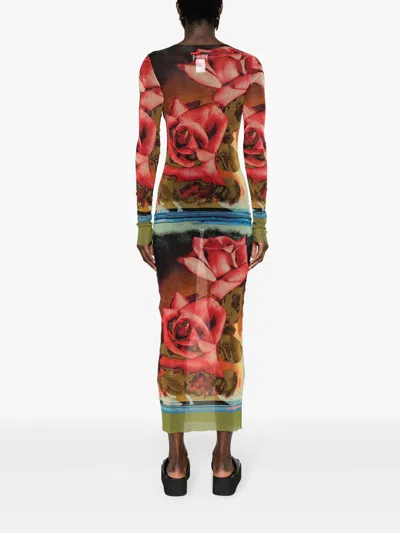Jean Paul Gaultier Women Printed "roses" Mesh Long Sleeves Dress In 403050 Green/red/blue