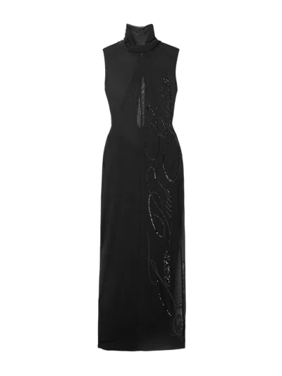 Jean Paul Gaultier Women Tulle Maxi Dress With Halterneck, Sequins, And Embellishments In Black