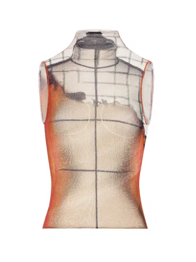 Jean Paul Gaultier Women White Tulle Tank Top With "fire" Print And Draped Lining In Gray