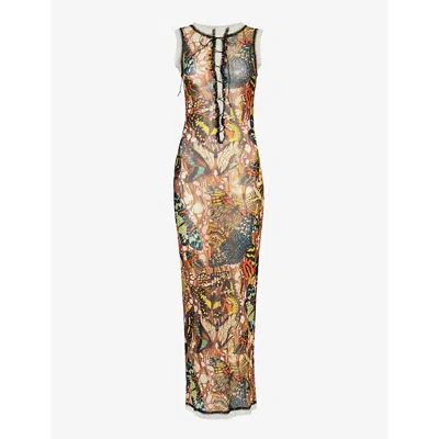 Jean Paul Gaultier Printed Lace-trimmed Mesh Maxi Dress In Yellow Multicolor