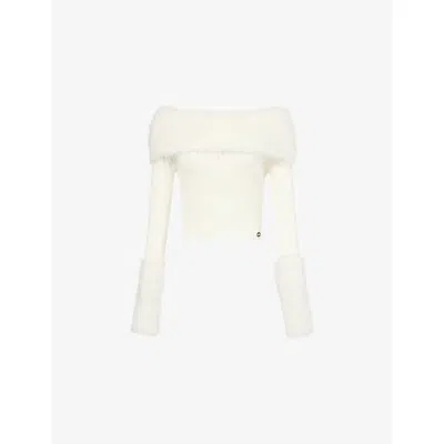 Jean Paul Gaultier Womens 03-ecru Off-shoulder Faux Fur-trim Ribbed Jumper In White