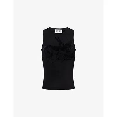 Jean Paul Gaultier Womens Black Semi-sheer Tattoo-print Woven Tank Top