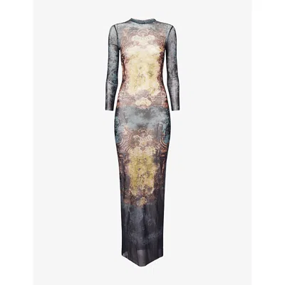 Jean Paul Gaultier Womens Black Vintage Blue Green Printed Long-sleeves Woven Midi Dress Xs