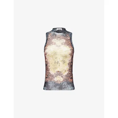 Jean Paul Gaultier Womens Black Vintage Blue Green Printed Sleeveless Woven Top Xl In Gray
