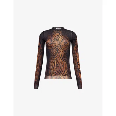 Jean Paul Gaultier Womens Black/brown Printed Long-sleeves Woven Top
