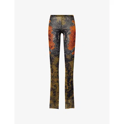 Jean Paul Gaultier Womens Black/khaki/orange Flared Printed Woven Leggings Xs In Multi
