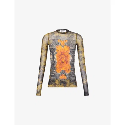 JEAN PAUL GAULTIER WOMENS BLACK/KHAKI/ORANGE MÉDAILLON LONG-SLEEVE MESH TOP