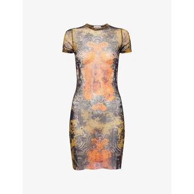 Jean Paul Gaultier Womens Black/khaki/orange Printed Short-sleeves Woven Mini Dress In Multi