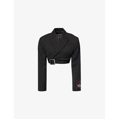 Jean Paul Gaultier Pinstripe Wool Cropped Tailored Jacket With Zip Off In Black