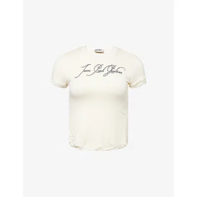 Jean Paul Gaultier Womens Ecru Embroidered-branded Graphic-print Jersey T-shirt In Beige