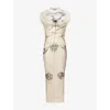 Jean Paul Gaultier Mesh Printed Double Layer Long Dress In Ecru/black/red