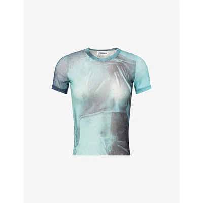 JEAN PAUL GAULTIER WOMENS WATER SLIM-FIT MESH TOP INDIGO/VINTAGEBLUE