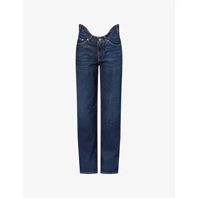 Jean Paul Gaultier Womens Indigo Asymmetric-waist Straight-leg Denim Jeans In Blue