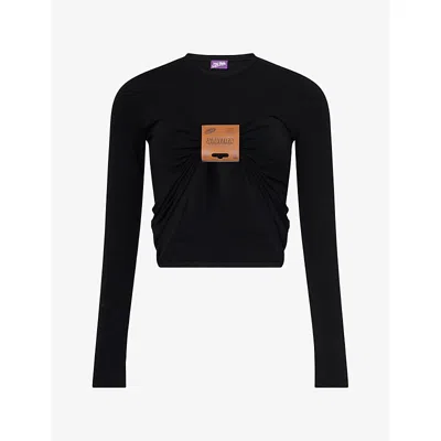 Jean Paul Gaultier Womens Leather Tag Long-sleeve Stretch-jersey Top Black In Multi