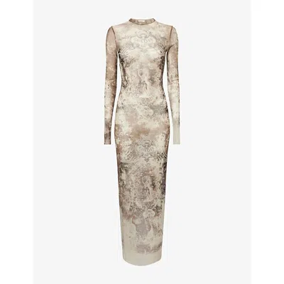 JEAN PAUL GAULTIER WOMENS LIGHTBEIGE/TAUPE MÉDAILLON LONG-SLEEVE MESH MAXI DRESS