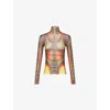 Jean Paul Gaultier Womens  High-neck Graphic-pattern Mesh Top In Brown