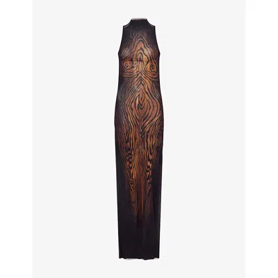 Jean Paul Gaultier Womens Printed Sleeveless Woven Midi Dress Black/brown Xl