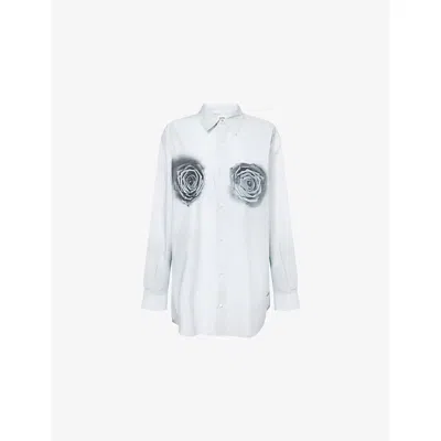 Jean Paul Gaultier Womens White Grey Black Rose-print Curved-hem Cotton-poplin Shirt In Animal Print