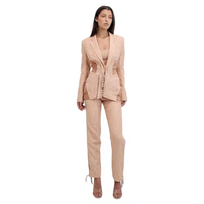 Pre-owned Jean Paul Gaultier Womens Spring 2004 Brocade Corseted Cutout Pants Suit In Sand