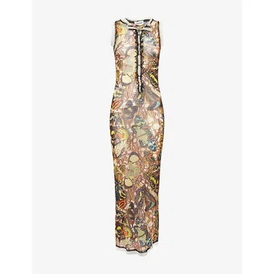 Jean Paul Gaultier Printed Lace-trimmed Mesh Maxi Dress In Yellow Multicolor