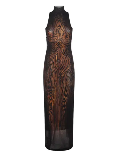 Jean Paul Gaultier Layered Draped Printed Stretch-tulle Turtleneck Maxi Dress In Brown