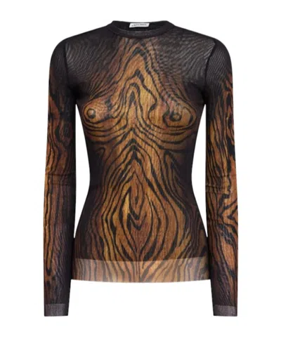 Jean Paul Gaultier Wood Grain Print Mesh Long-sleeved Top In Black