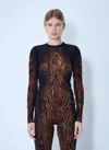Jean Paul Gaultier Top Long Sleeves Mesh Printed Wood Woman Black And Brown In Brown