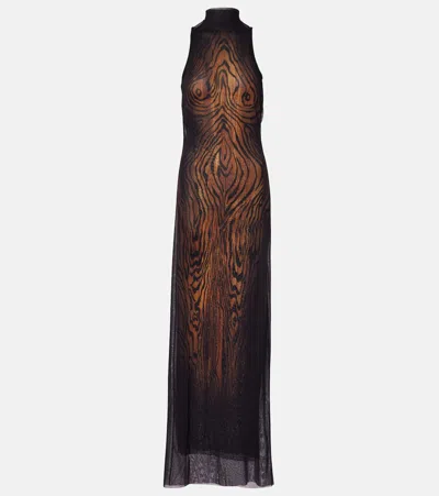 JEAN PAUL GAULTIER WOOD PRINTED MESH MAXI DRESS