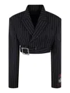 Jean Paul Gaultier Double-breasted Belted Cropped Pinstriped Wool-twill Blazer In Negro