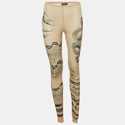 Pre-owned Jean Paul Gaultier X Knwls Beige Trompe-l'oeil Tattoo Print Jersey Leggings S In Sand