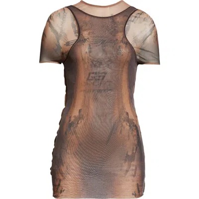 Jean Paul Gaultier X Shayne Oliver Gs Sport Print Sheer Convertible Tulle Dress In Dark Nude/black