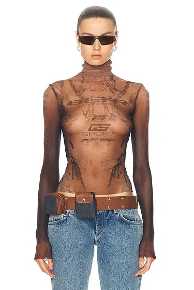 Jean Paul Gaultier X Shayne Oliver Mesh Body Turtleneck Top In Dark Nude & Black