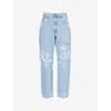 Jean Vintage Womens Light Blue Wash Distressed Brand-patch Barrel-leg Mid-rise Upcycled Denim Jeans In Light Blue Wash