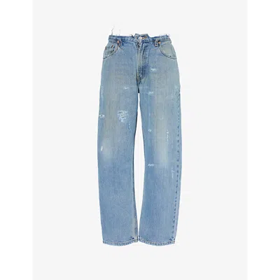 Jean Vintage Womens Mid Blue Deconstructed-waist Straight-leg Mid-rise Upcycled Denim Jeans