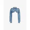 JEAN VINTAGE WOMENS LIGHT BLUE WASH BIKER CROPPED SLIM-FIT UPCYCLED DENIM JACKET XS