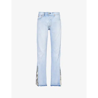 Jean Vintage Womens Le Flare Snake-print-panels Straight-leg Mid-rise Upcycled Denim Jeans Light Blue White Leath In Light Blue White Leather